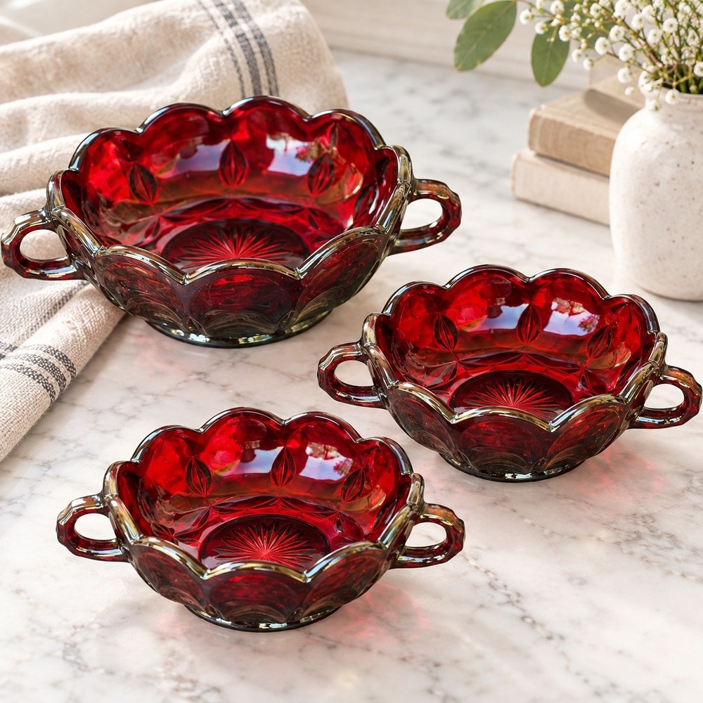 Vintage Ruby Red Glass Double Handled Nappy Bowls Set of 3 Scalloped Rim 5 in